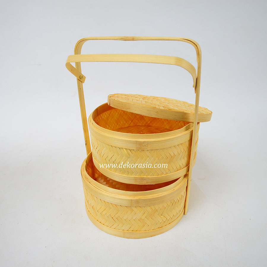 Round Bamboo Woven Basket With Handle - Two Tier Stacking